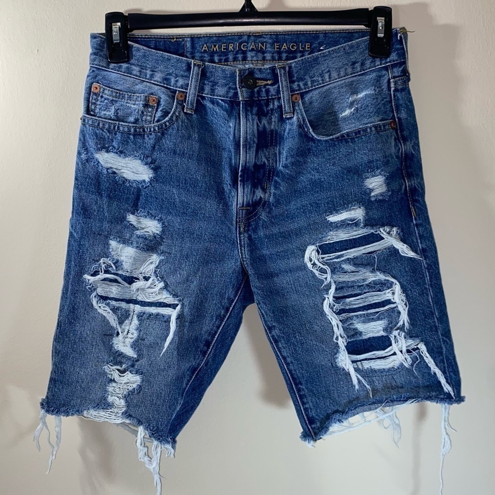American Eagle Mens Distressed Shorts Dark Denim Patched Raw Hem 100% Cotton 28